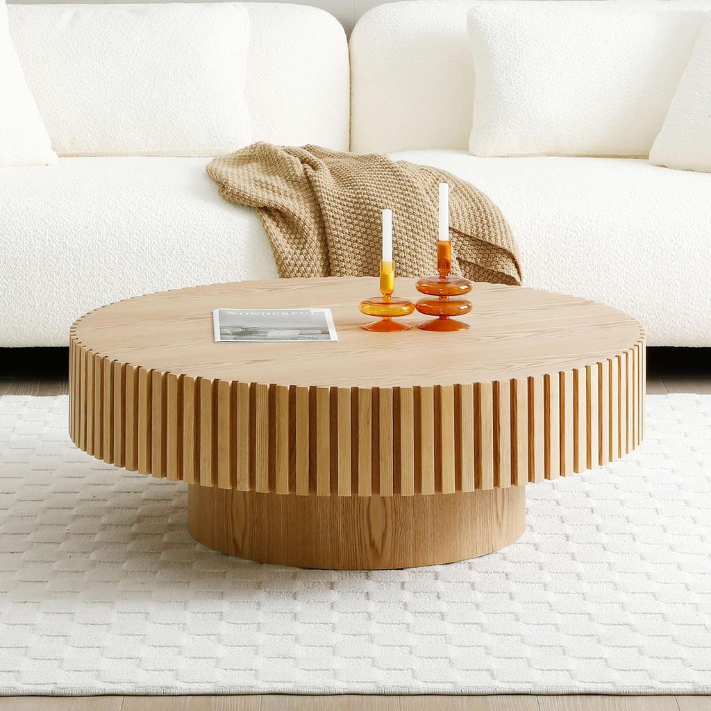 31.49' Coffee Table, Round Coffee Table, Wood Coffee Table for Living Room, Handcrafted Relief Carving, Easy Assembly, Oak