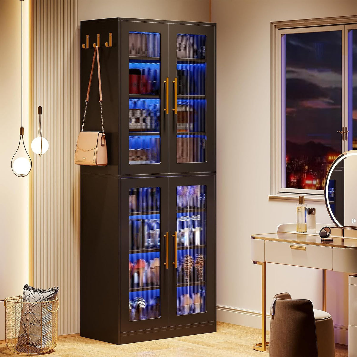 Tribesigns Black Shoe Storage Cabinet with Acrylic Doors and LED Lights, 8-Tier Tall Entryway Shoe Organizer Rack with Adjustable Shelves & Hanging Hooks for Narrow Closet, Hallway, Living Room