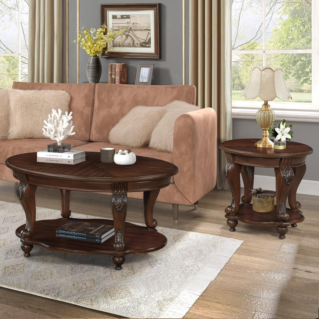 Living Room Oval Coffee Table Set, Coffee Table & Two End Side Table 3-Piece Set for Office, Living Room, Apartment, Small Space, Easy Assembly, Cherry(Color Written on Box is Light Espresso)
