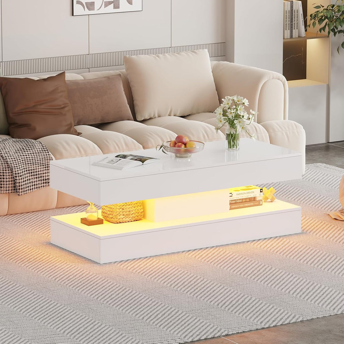 47.2 Inch Coffee Table with LED Lights, Modern High-Gloss Open Shelf Design, 2-Tier Floating Center Table with Illumination, Large LED Coffee Table for Living Room (Pur White)