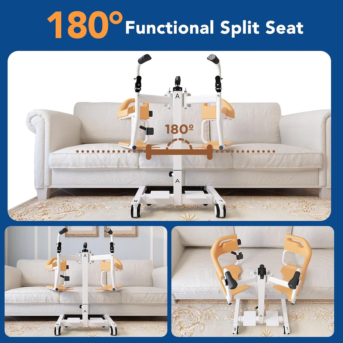 Patient Lift Transfer Chair for Home, 4 in 1 Portable Transfer Lift Chair for Seniors and Adults, 180° Split Seat & Adjustable Height, Easy to Use, Ships from USA