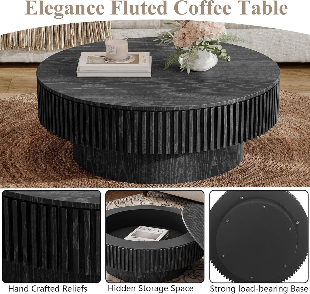 31.5' Round Wood Coffee Table, Modern Coffee Table with Storage,Solid Wood Drum Coffee Table Circle Fluted Coffee Table Accent Side Table for Apartment,Office, Easy Assembly,Black