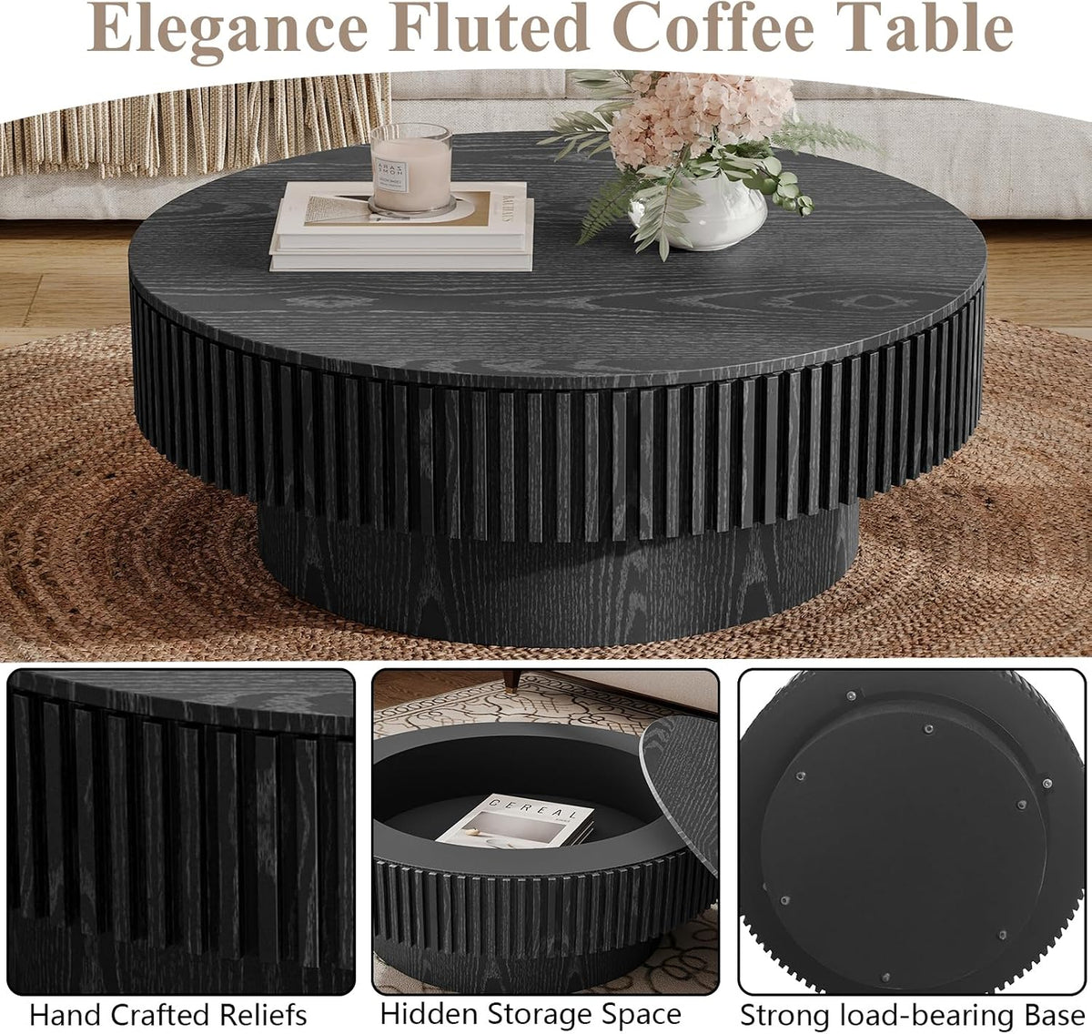 31.5' Round Wood Coffee Table, Modern Coffee Table with Storage,Solid Wood Drum Coffee Table Circle Fluted Coffee Table Accent Side Table for Apartment,Office, Easy Assembly,Black