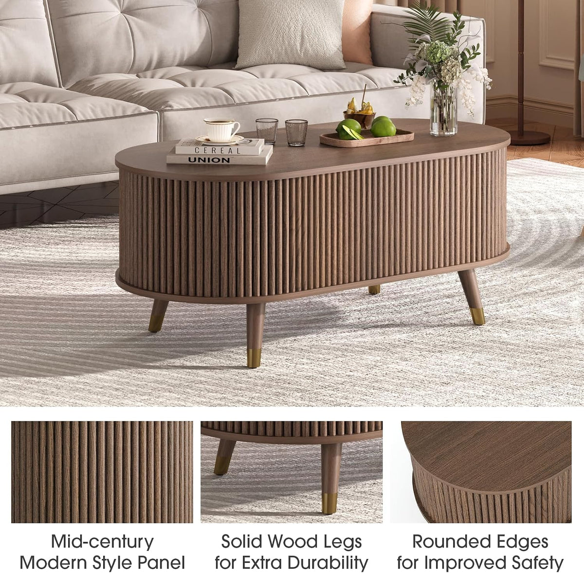 Jiansu furni Lift Top Coffee Table with Storage,42.5' Oval Coffee Table with Hidden Compartment & Solid Wood Legs,Modern Fluted Center Table for Living Room,Home Office,Walnut