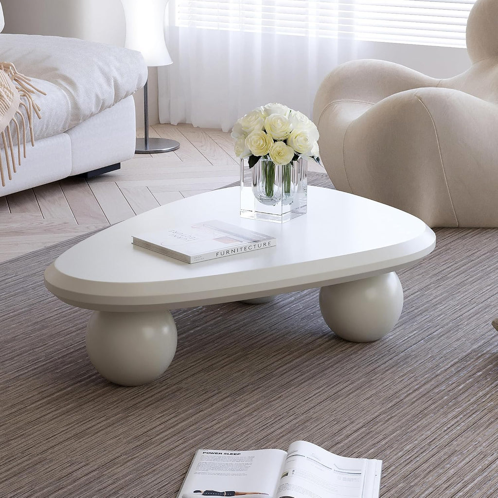 38.58'' Modern Coffee Table with Ball Base, Contemporary Oval Round Cloud Shaped Wood Coffee Table for Living Room, Easy Assembly, Cream White