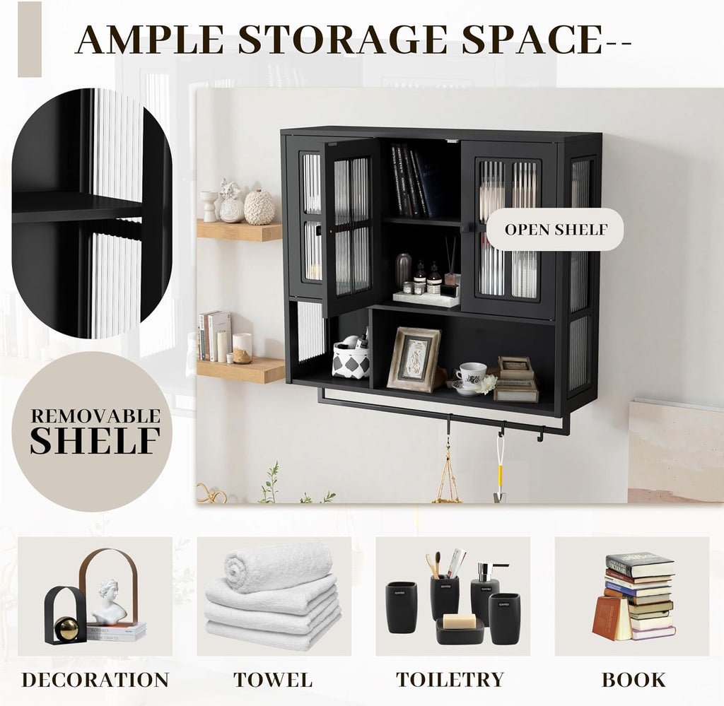 Bathroom Wall Cabinet Over The Toilet, 3 Door Wooden Medicine Cabinet with Open Shelf & Glass Door, Space Saving Storage Organizer with Towel Bar (Black)