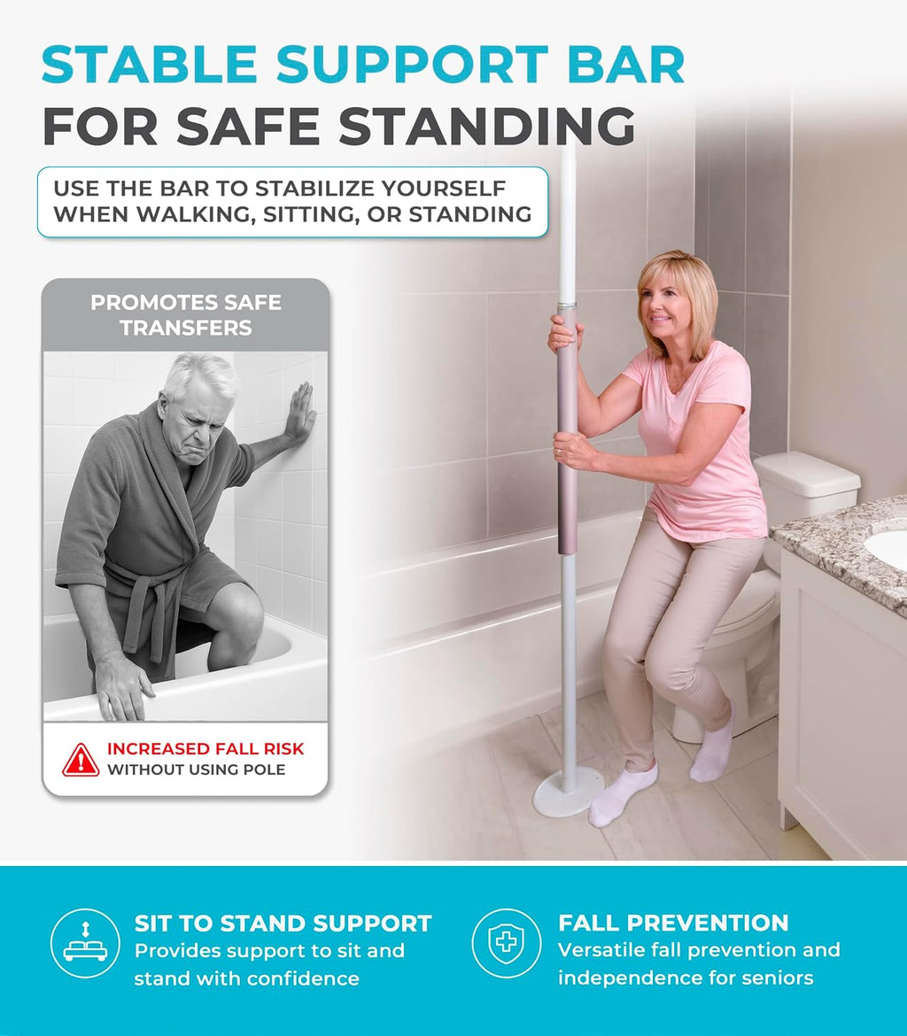 Stander Wonder Pole Slim, Tension Mounted Security-Pole, Elderly Floor to Ceiling Transfer-Pole for Seniors, Bathroom Grab Bar Stability Rail with Padded Handle, White