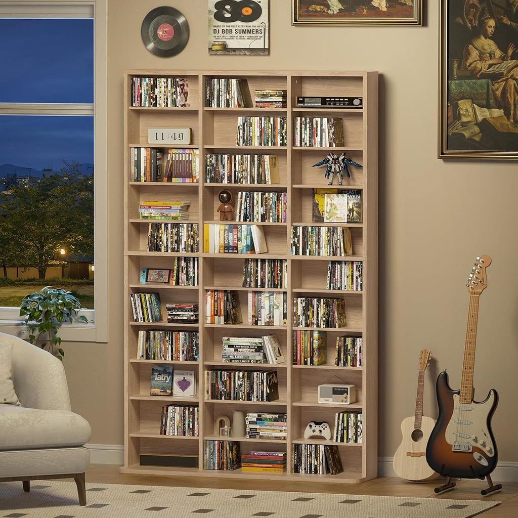 11 Tier Tall Display Cabinet, Natural Media Storage Cabinet with Adjustable Shelves, Free Standing DVD Organizer Shelf, Floor multimedia storage manga bookshelf for Living Room & Home Office.