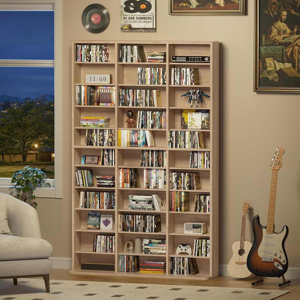 11 Tier Tall Display Cabinet, Natural Media Storage Cabinet with Adjustable Shelves, Free Standing DVD Organizer Shelf, Floor multimedia storage manga bookshelf for Living Room & Home Office.