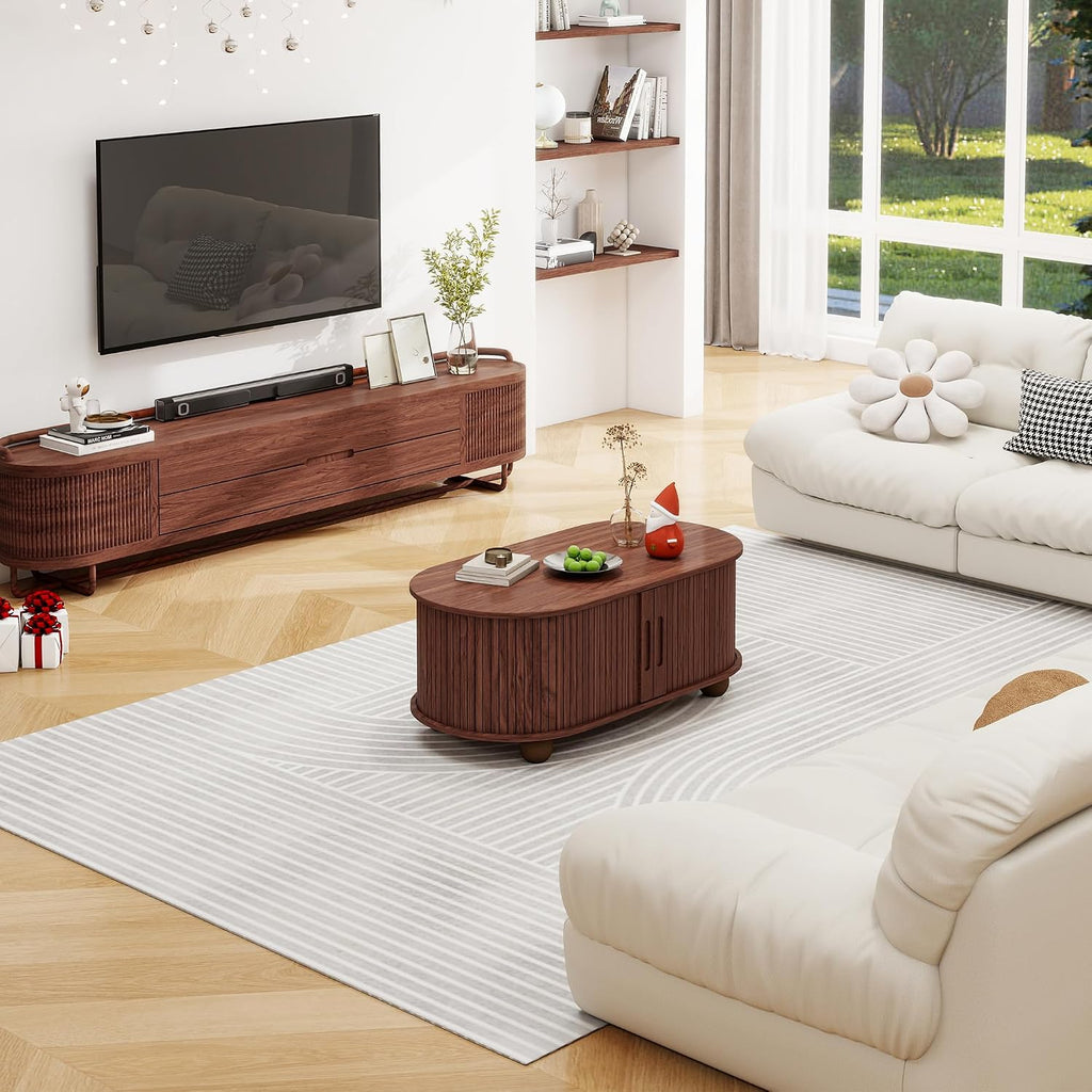 40' Walnut Oval Coffee Table with Storage, Mid Century Modern Coffee Table with Sliding Tambour Door,Wood Center Table for Living Room, Reception Room, Entertainment Room, Courtyard