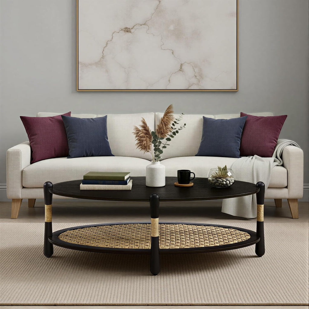Harbor Oak 46' Oval Oak Wood Coffee Table with Seagrass Accents and Shelf Storage | Coastal Boho Cocktail Table. Black Smoked Oak Finish.
