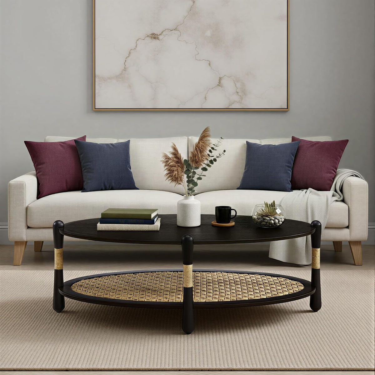 Harbor Oak 46' Oval Oak Wood Coffee Table with Seagrass Accents and Shelf Storage | Coastal Boho Cocktail Table. Black Smoked Oak Finish.