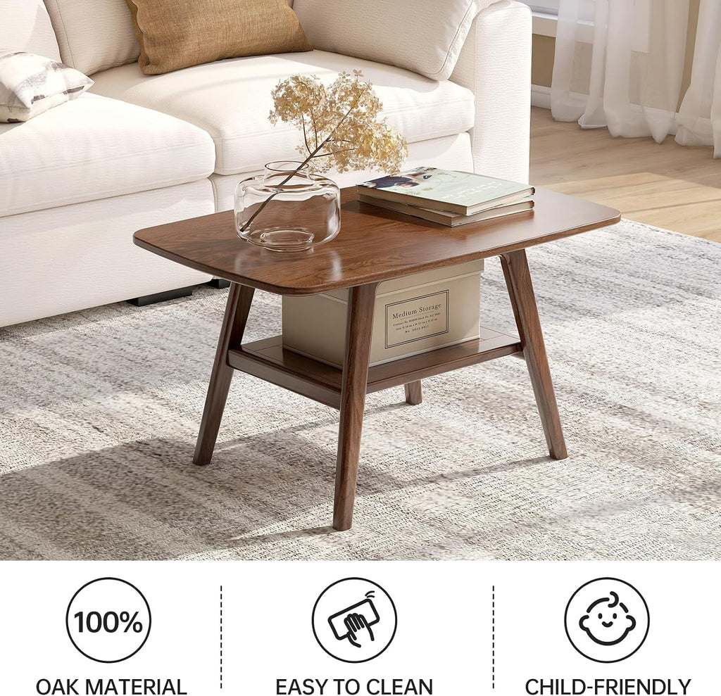 100% Solid Oak Wood Coffee Table for Living Room, 2-Tier Small Table with Storage Shelf, Mid Century Modern Coffee Tables (Walnut, 31.49' x 19.68' x 17.32')