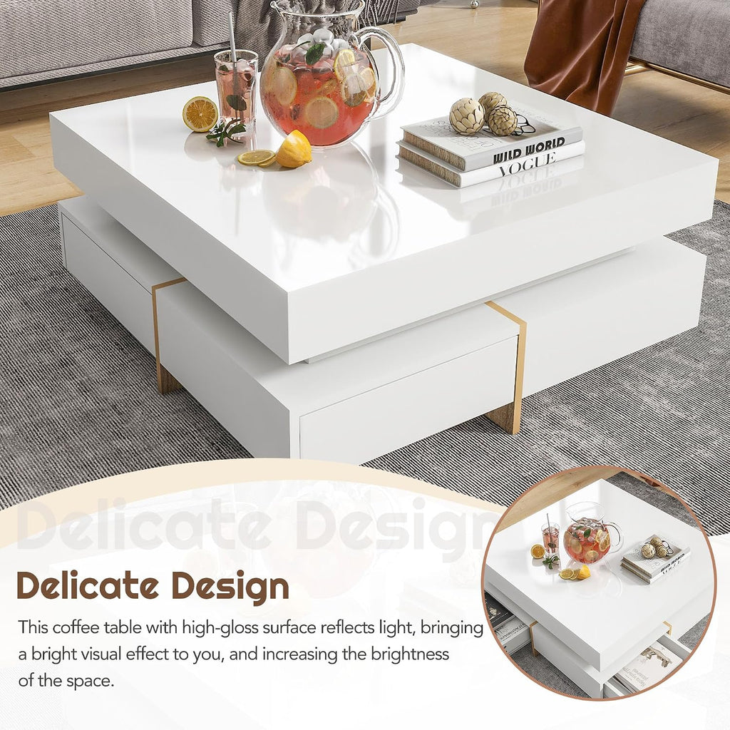 31.5' Square Coffee Table with 4 Drawers and High Gloss Surface, Modern White Cocktail Tea Table with Wood Grain Legs for Living Room or Bedroom