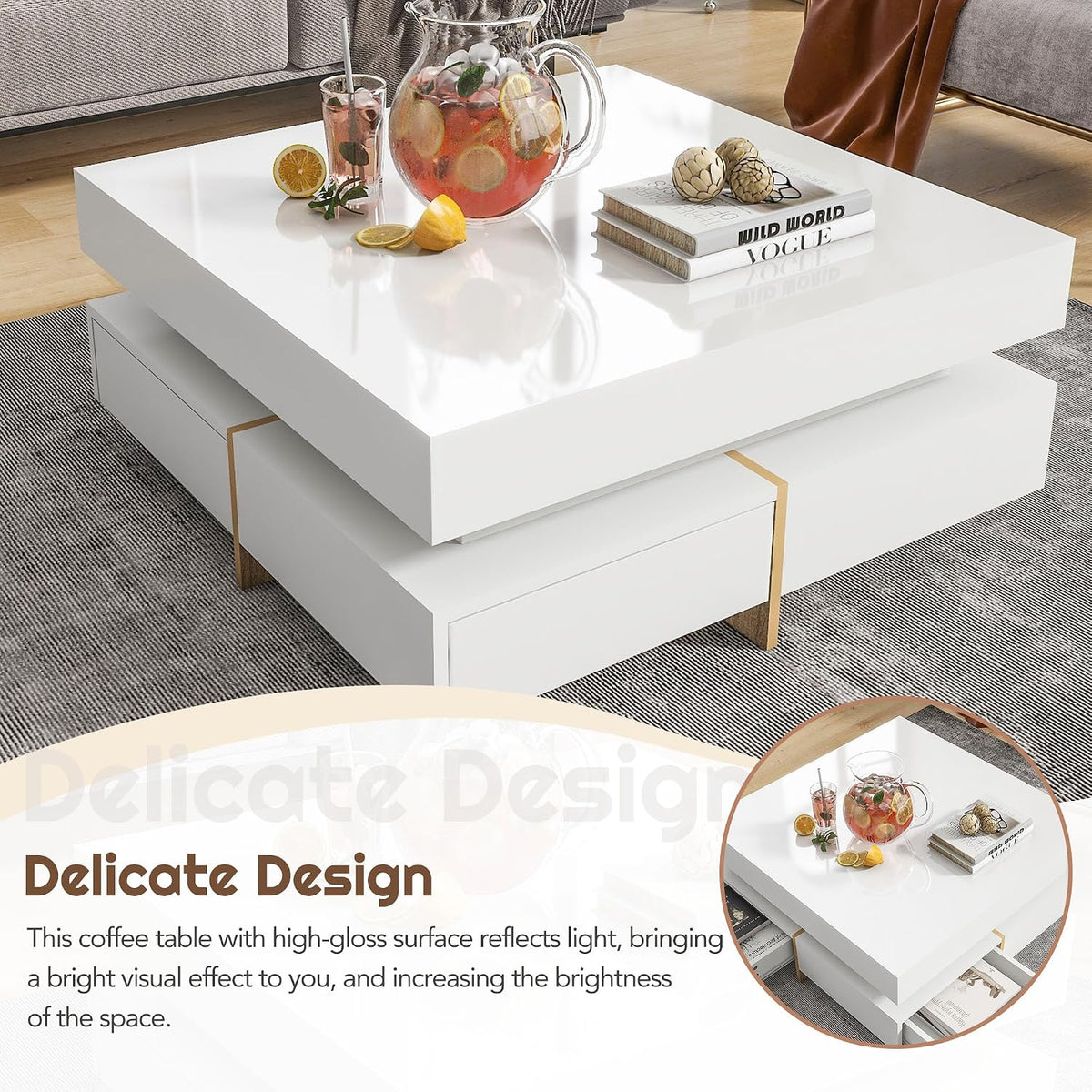 31.5' Square Coffee Table with 4 Drawers and High Gloss Surface, Modern White Cocktail Tea Table with Wood Grain Legs for Living Room or Bedroom