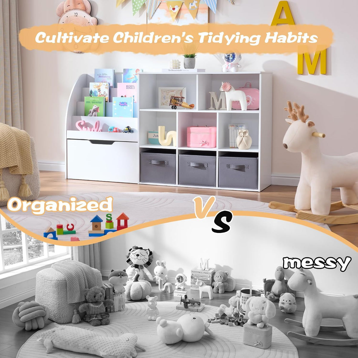 Kids Bookshelf and Toy Storage, 58.5'' Toy Storage Organizer with Movable Chests & 3 Storage Bins, Large Kids Reading Nook Toy Organizers and Storage with 5 Cubbies for Playroom, Bedroom, White