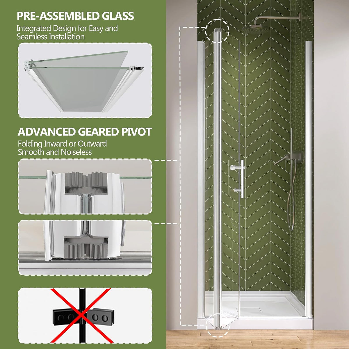 GETPRO Bifold Shower Door 32 in. W x 72 in. H Frameless Swing Pivot Shower Door with 1/4 in. Tempered Clear Glass Panel Adjustable Bathroom Fold Door for Shower Polished Chrome Hardwares