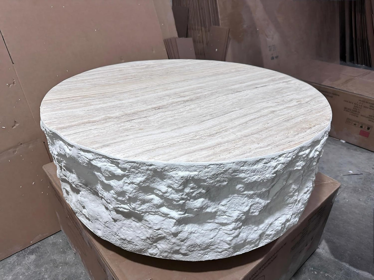 KEVINSPACE Round Coffee Table Modern Stone Coffeetable for Living Room Concrete Beige Circle Coffee Tables Drum ShapedCoffeeTable Fiberglass CenterTable Office, Fully Assembled, 35.5' W x14 H