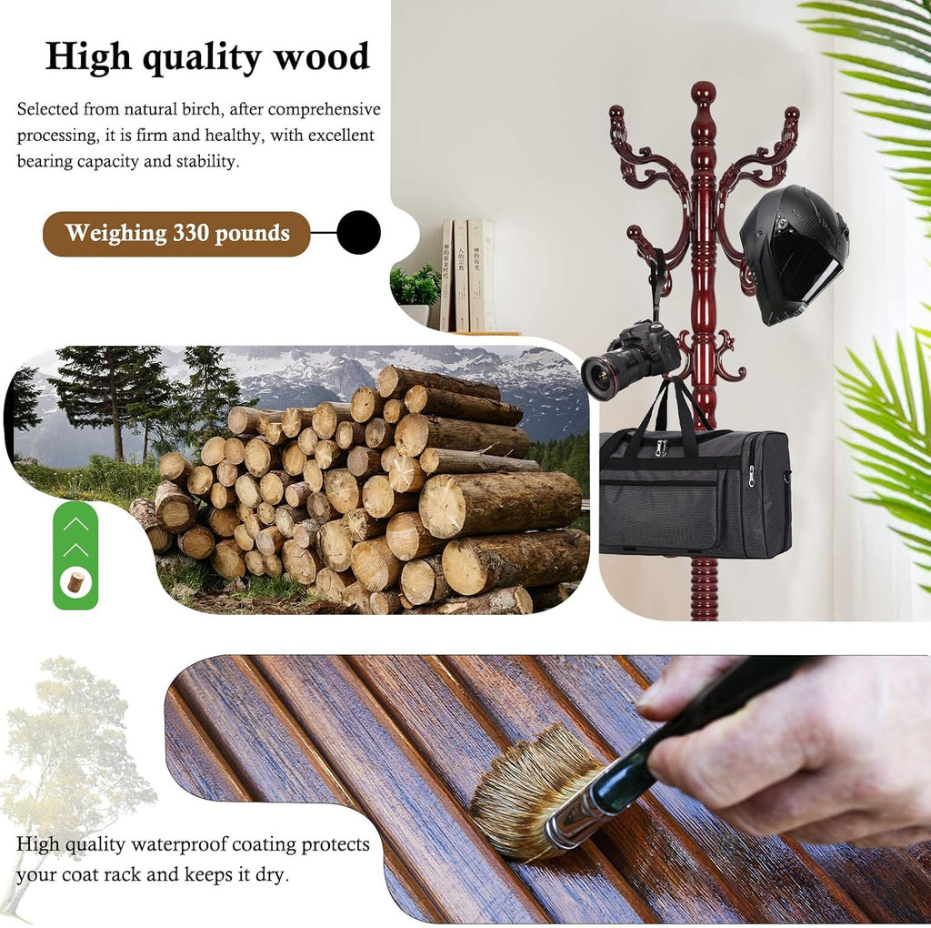 Coat Rack Stand, Solid Wooden Coat Tree with 14 Hooks, Heavy Duty Coat Rack Freestanding with Sturdy Round Base, Natural Birch Wood Coat Hanger Stand for Entryway Bedroom (Triangle Redwood)