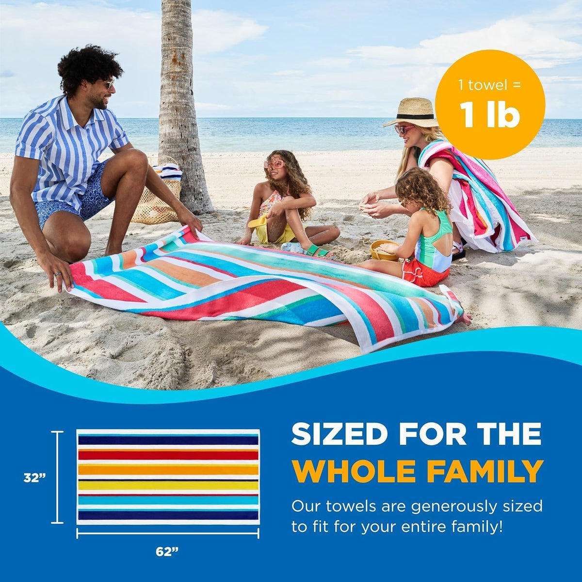 Kaufman - Joey Velour Colored Classic Multi-Color Stripe Beach & Pool Towel - Large 100% Combed Cotton Beach Towel - Soft & Absorbent Colorful Towels - 32' x 62' - 480 Pack
