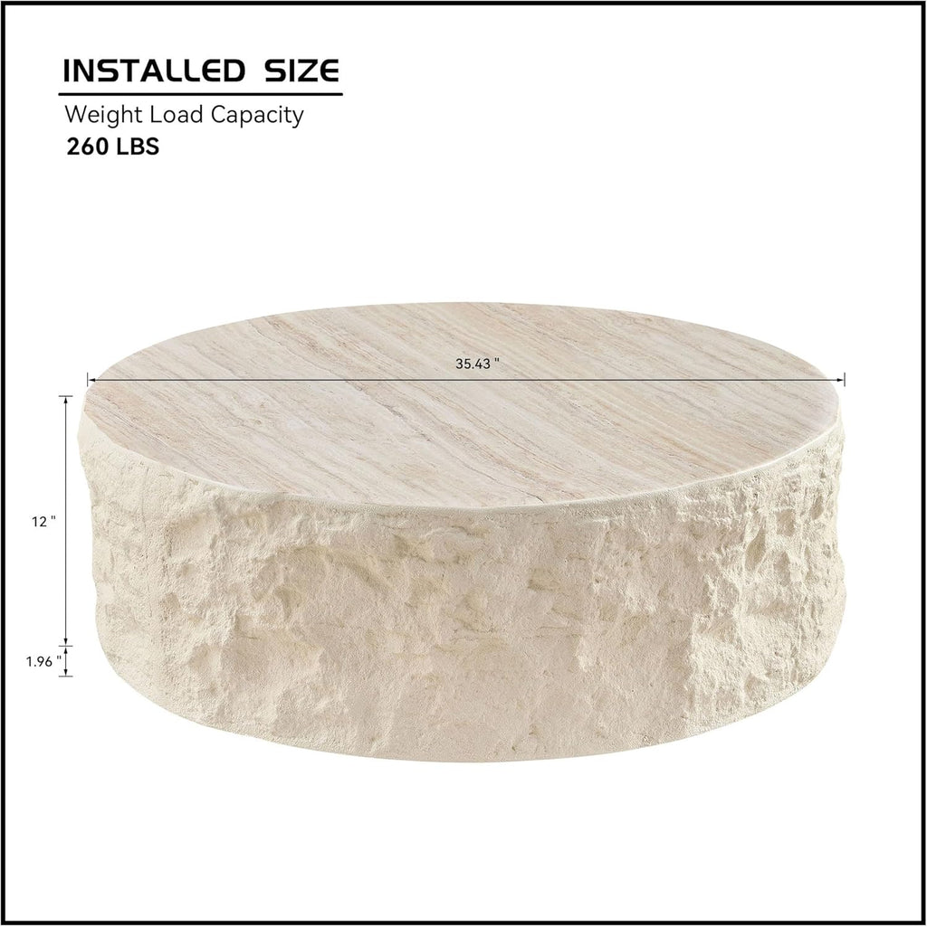 Faux Rock Coffee Table,Drum Coffee Table Fiberglass Round Tea Table for Living Room, Accent Imitation Stone Central Table No Need Assembly, Beige White