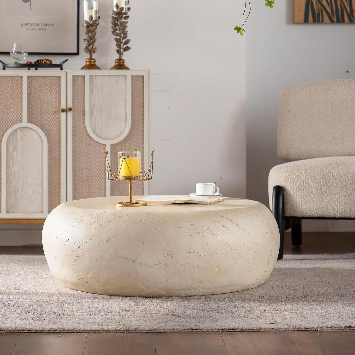 ø35.43'' Faux Stone Coffee Table Round Circle Drum Coffee Table for Living Room, Modern Contemporary Sturdy MGO (Magnesium Oxide) Material, No Assembly, Beige