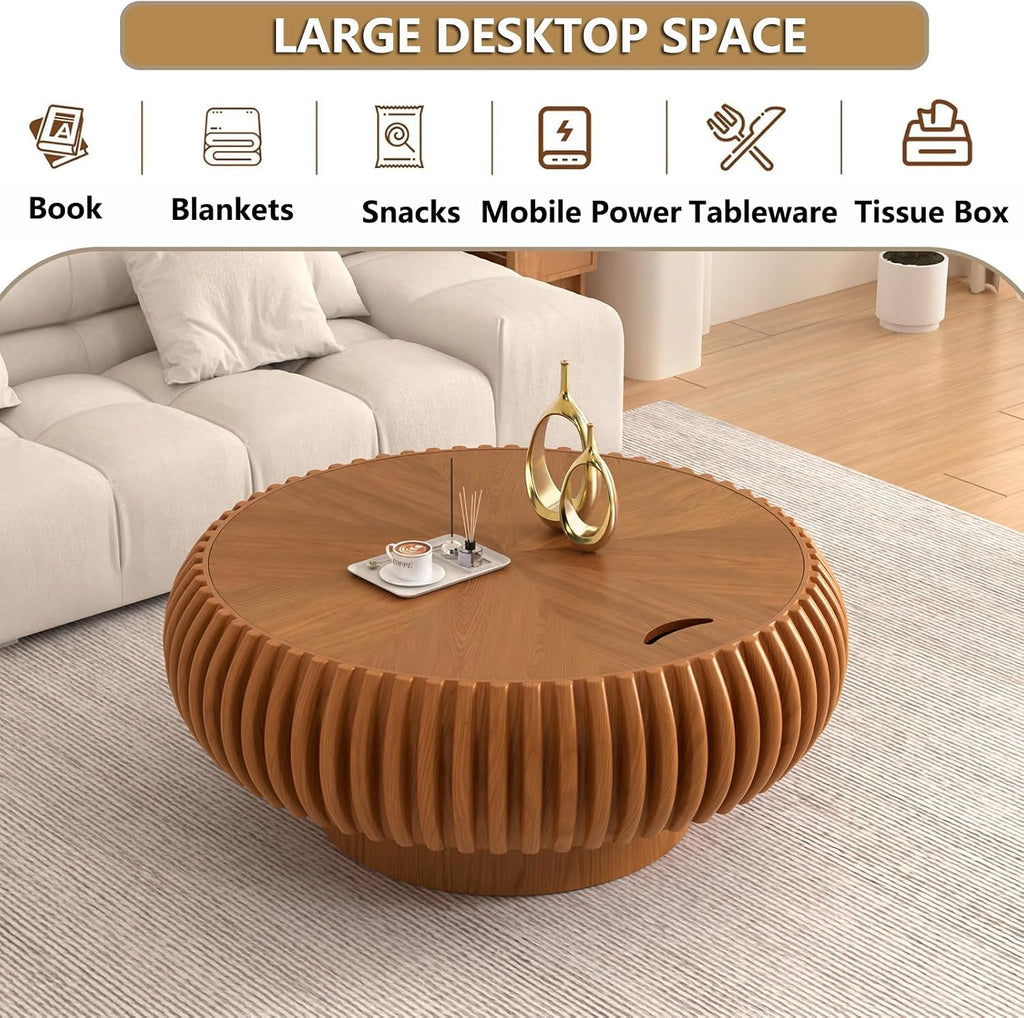 Round Handcraft Fluted Coffee Table with Sturdy Stable Pedestal Modern Luxury Drum Center Table Circle Accent Base Center Tables for Living Room Apartment (Q)
