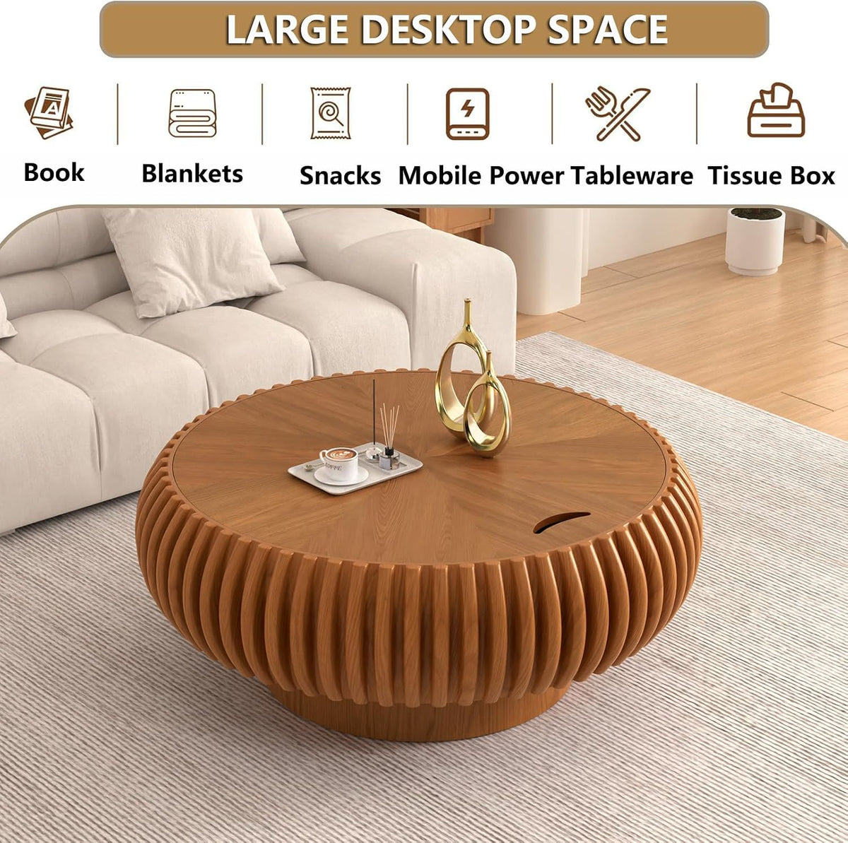Round Handcraft Fluted Coffee Table with Sturdy Stable Pedestal Modern Luxury Drum Center Table Circle Accent Base Center Tables for Living Room Apartment (Q)