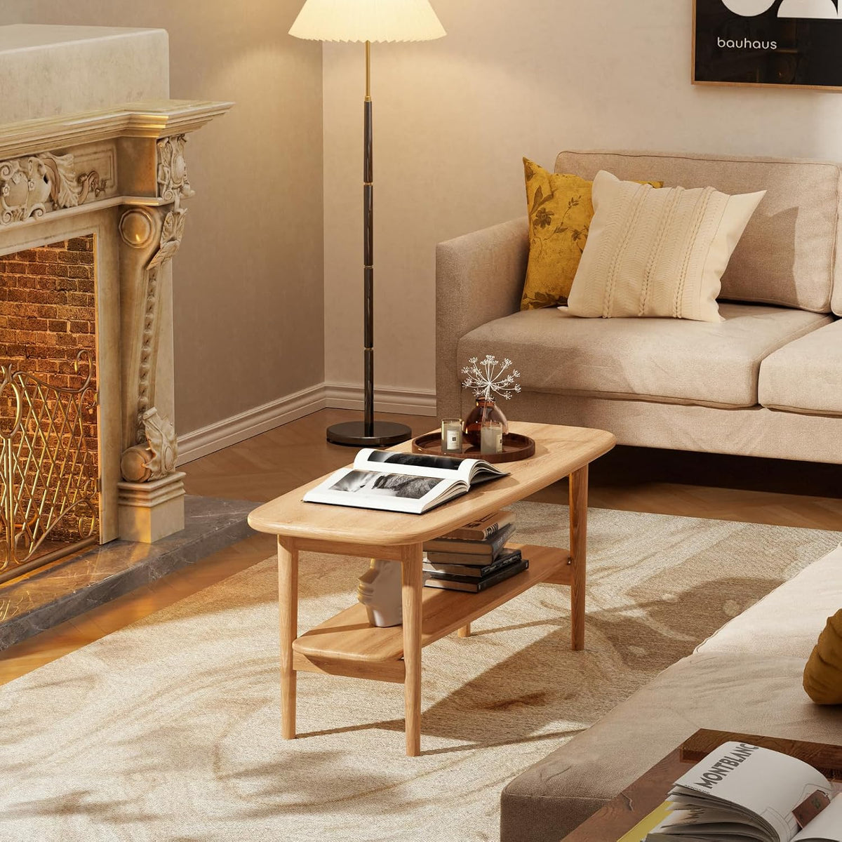100% Solid Oak Wood Coffee Table with Open Shelf - Oval Narrow Coffee Table for Small Space, Living Room (Oak, 39.37')