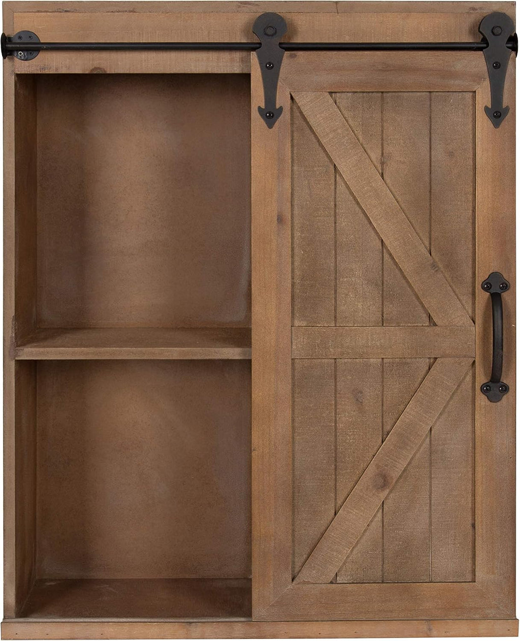 Kate and Laurel Cates Wood Wall Storage Cabinet with Sliding Barn Door; 22 x 9 x 28; Rustic Brown; Decorative Farmhouse Over the Toilet Cabinet with Three Shelves for Bathroom or Kitchen Storage