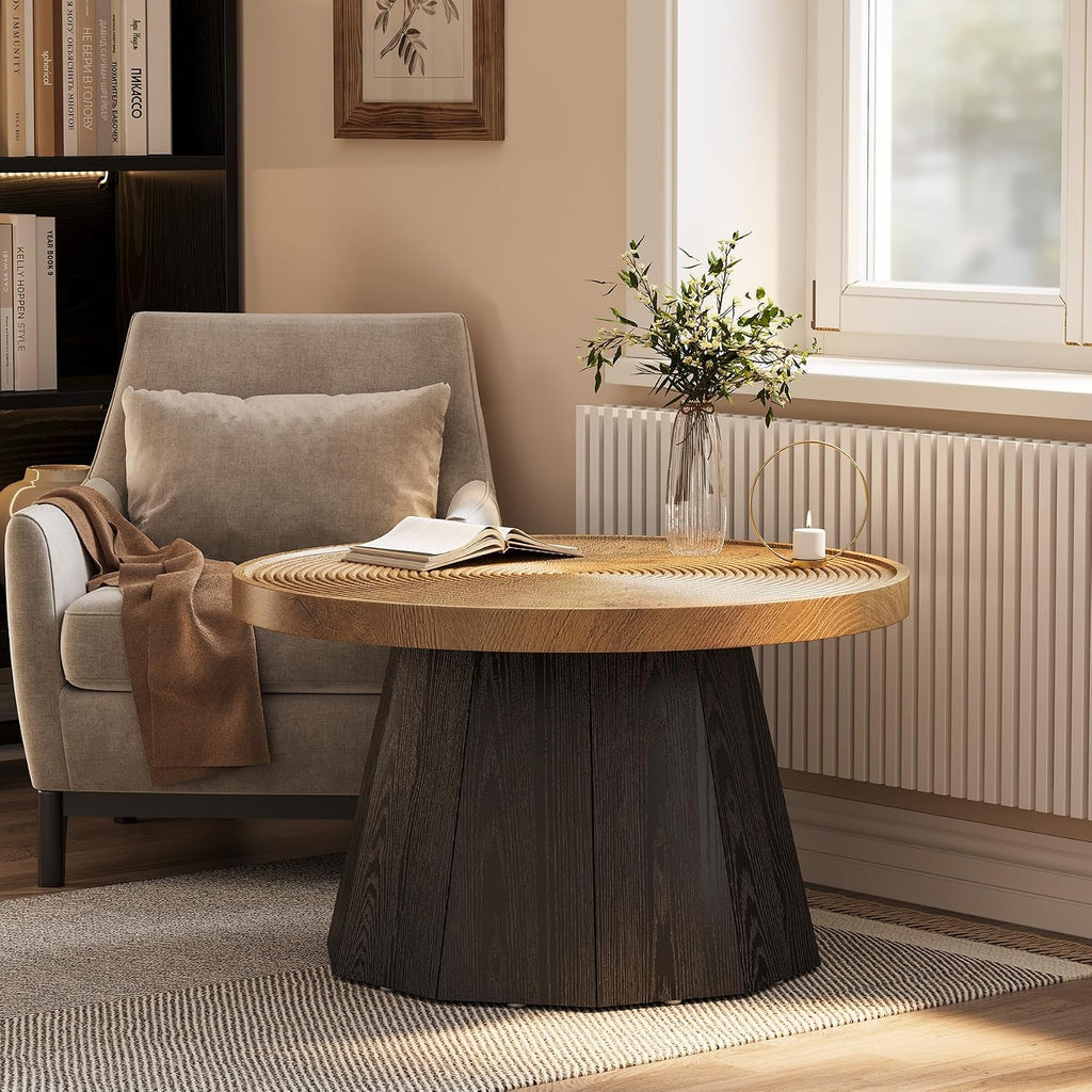 LITTLE TREE Round Coffee Table for Living Room, 31.5-Inch Farmhouse Center Table, Modern Circle Wooden Tea Tables for Office, Small Space, Reception, Brown