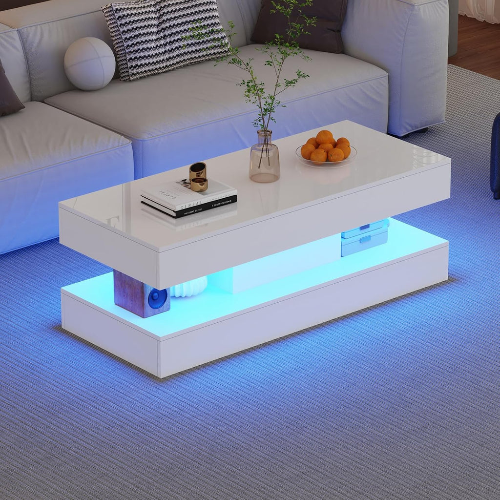 47.2 Inch Coffee Table with LED Lights, Modern High-Gloss Open Shelf Design, 2-Tier Floating Center Table with Illumination, Large LED Coffee Table for Living Room (Pur White)