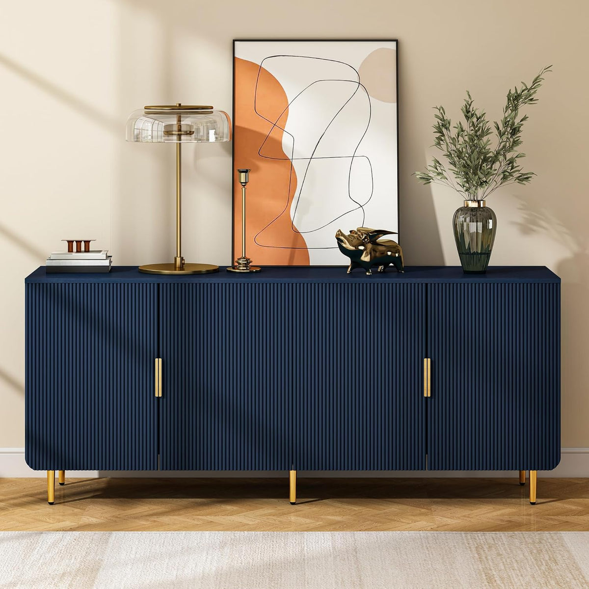 65' Fluted Sideboard Buffet Cabinet with Storage, Console Cabinet with 4 Doors & Adjustable Shelves, Modern Buffet Table for Kitchen Dining Living Room Hallway‌ Entryway, Blue