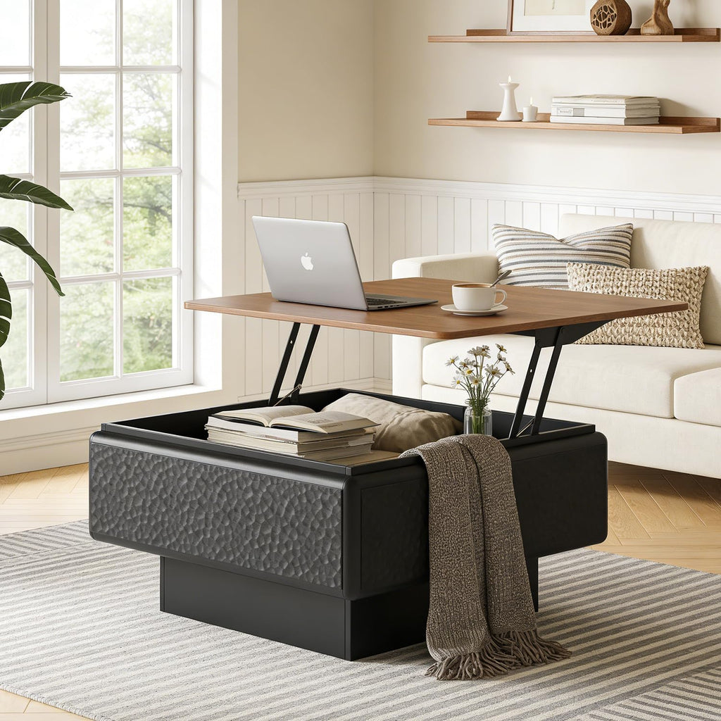 31.5' Lift Top Coffee Tables for Living Room,Mid Century Modern Square Coffee Table with Hidden Storage, Wood Center Tea Table with Stable Honeycomb Pattern Base for Apartment Small Space,Black
