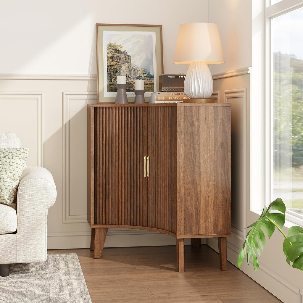 Fluted Corner Cabinet, Small Corner Floor Cabinet with 2-Sliding Doors and Adjustable Shelves, Freestanding Narrow Organizer for Small Space,Living Room, Dining RoomBathroom.Walnut