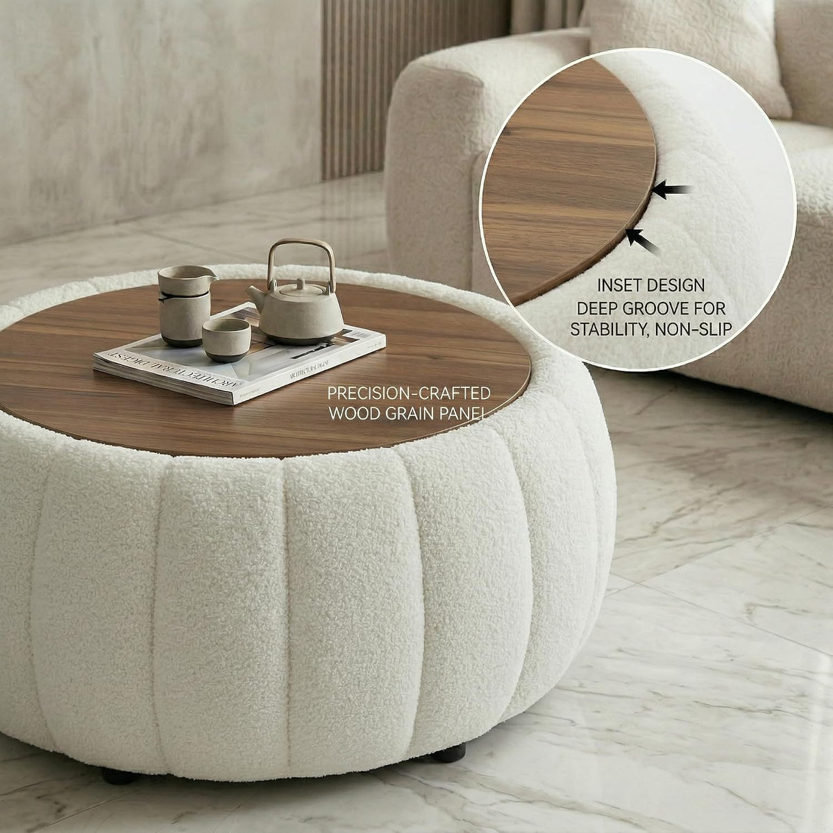 Ottoman Coffee Table for Living Room, Wooden Top Large Storage Ottoman, 30 Inches Round Coffee Table, Pumpkin Shaped Side Table, Multifunctional Teddy Fabric Footstool (White)