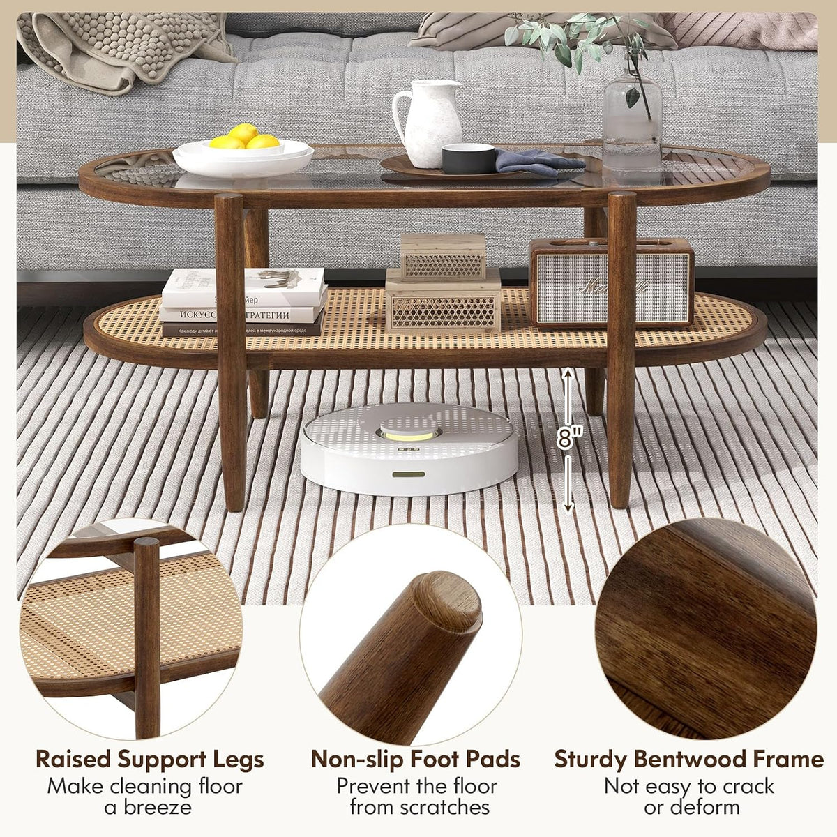 LDAILY Rattan Coffee Table, 2-Tier Mid Century Modern Center Table Oval Design with Tempered Glass Top & PE Rattan Shelf, Solid Acacia Wood Small Coffee Table for Living Room, Office, Brown (Brown)