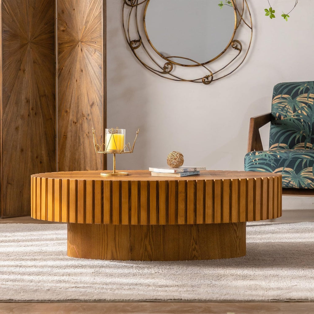 JHKZUDG Modern Wood Coffee Table Handcrafted Fluted Drum Coffee Tables Wooden Oval Center Table with Sturdy Pedestal for Living Room Apartment,Oval Wood