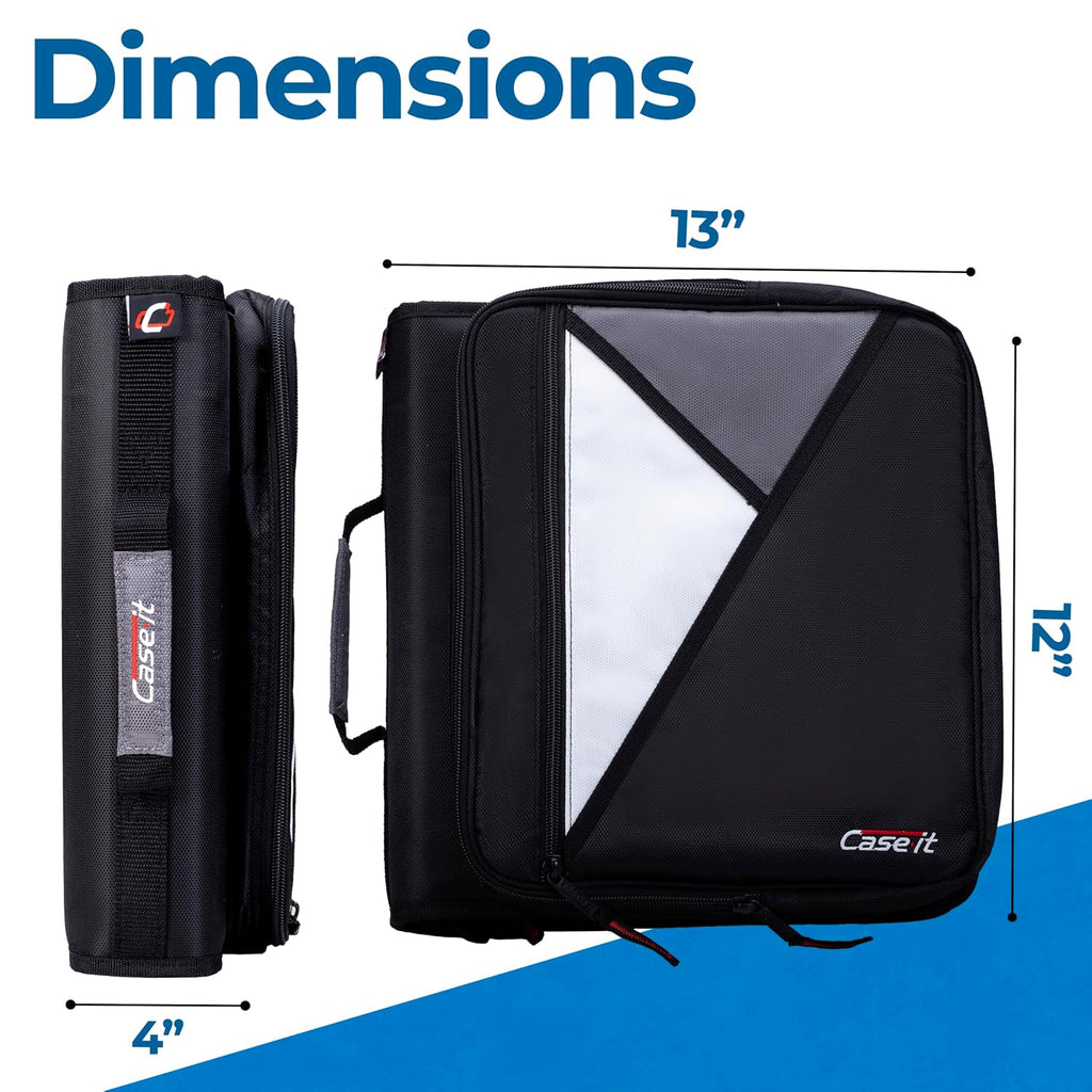 Case-it Universal Zipper Binder | 2-Inch O-Rings,13-Inch Laptop/Tablet Padded Pocket,400 Sheet Capacity,Multiple Storage Pockets&Shoulder Strap | School&Office Organizer-| LT-007 Jet Black,(Pack of 6)
