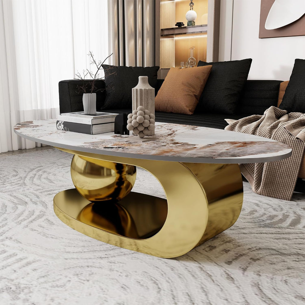 Modern Coffee Table Marble Top,Oval Coffee Table for Living Room,White Center Table with Stainless Steel Base Gold Base for Home,Office
