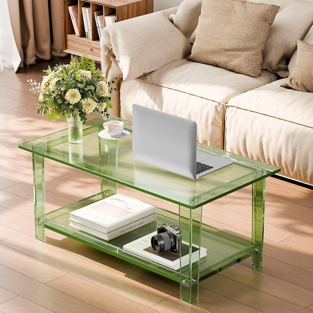 VEVOR Acrylic Coffee Table, 2-Tiers Center Table with Open Storage Shelf, Modern Rectangle Acrylic Coffe Desk for Living Room, Dining Room, Kitchen Island, Office, 31.5' W x 19.7' D x 15.7' H, Green