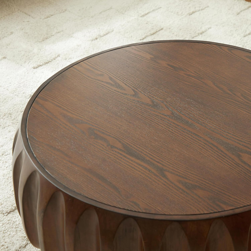 31.5' Circle Coffee Table with Minimalist Curved Fluted & Ash Veneer, Modern Wood Round Center Table, Drum Tea Table Accent Side End Table for Living Room Apartment, Walnut