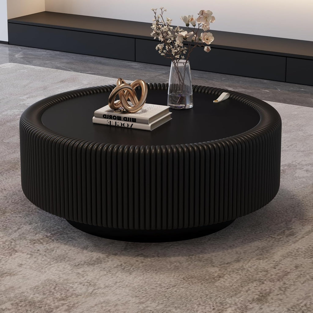 31.5' Black Round Coffee Table, Modern Fluted Drum Center Table with Hidden Storage & Tempered Glass Top & PU Leather Body, Minimalist Circle Glass Coffee Tea Tables for Living Room