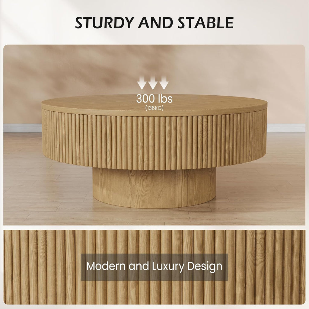 YOUDENOVA 35' Round Fluted Coffee Table, Modern Wood Circle Coffee Table, Veneer Handcrafted Relief Tea Table with Sturdy Pedestal for Living Room, Easy Assembly - Natural