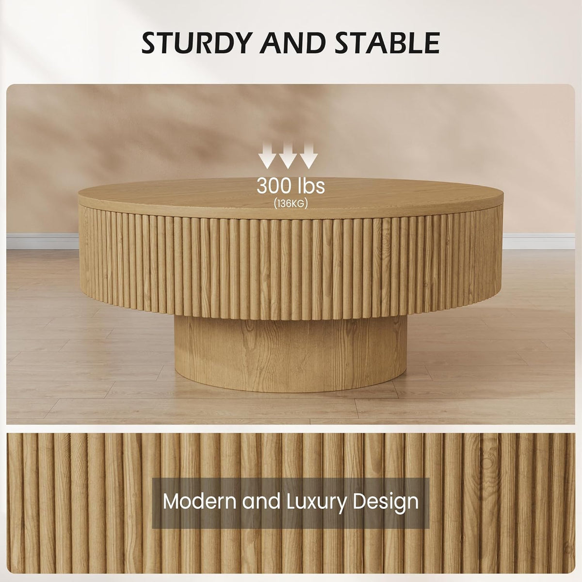 YOUDENOVA 35' Round Fluted Coffee Table, Modern Wood Circle Coffee Table, Veneer Handcrafted Relief Tea Table with Sturdy Pedestal for Living Room, Easy Assembly - Natural