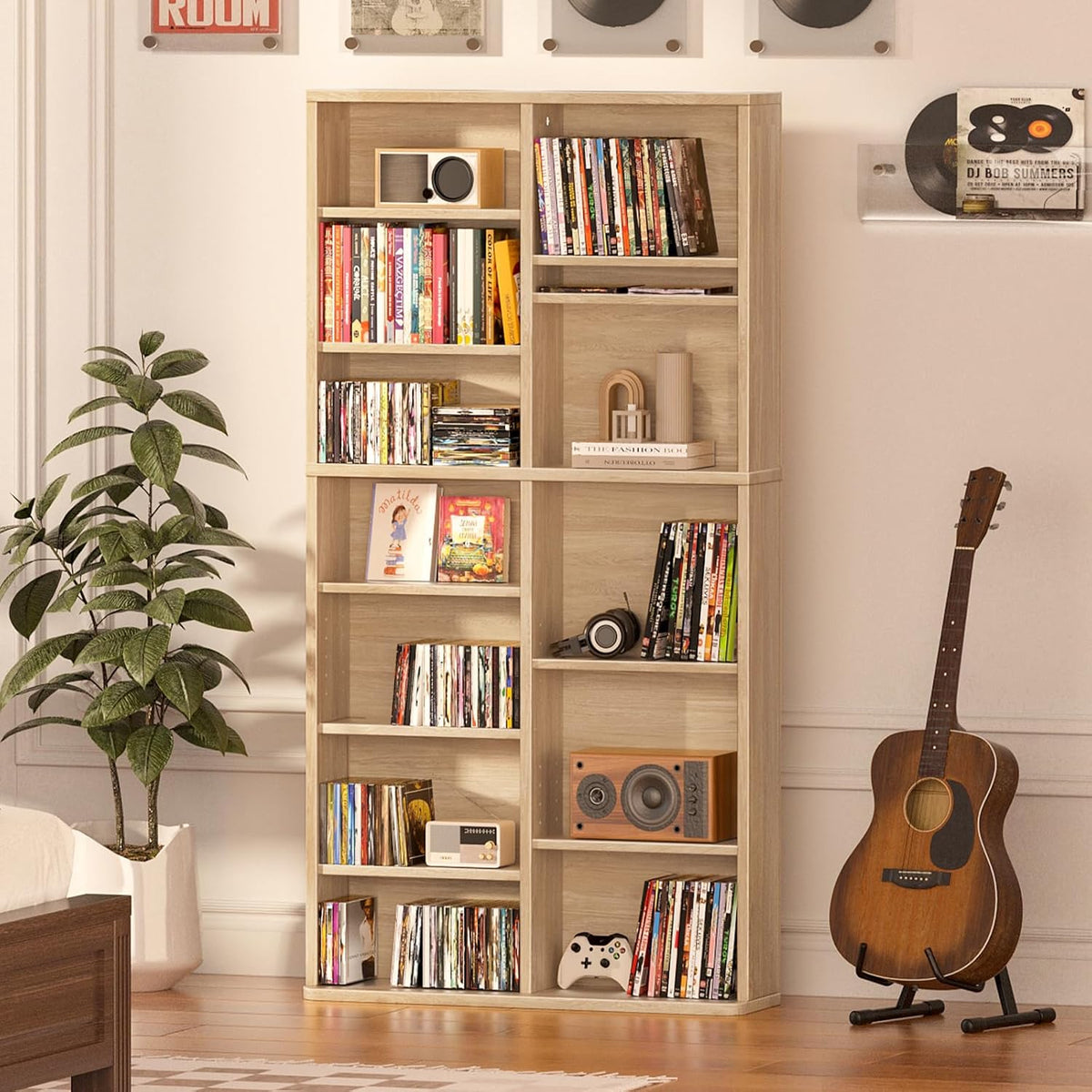 7 Tier Tall Display Cabinet, Natural Media Storage Cabinet with Adjustable Shelves, Free Standing DVD Organizer Shelf, Floor multimedia storage manga bookshelf for Living Room & Home Office.