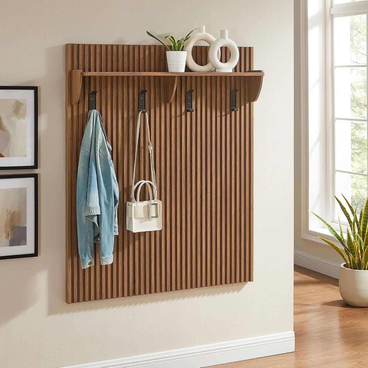 Modway Render Modern Fluted Wood Coat Rack Panel in Walnut with Shelf and Hooks – Wall-Mounted Entryway Organizer for Hallway, Mudroom, or Foyer