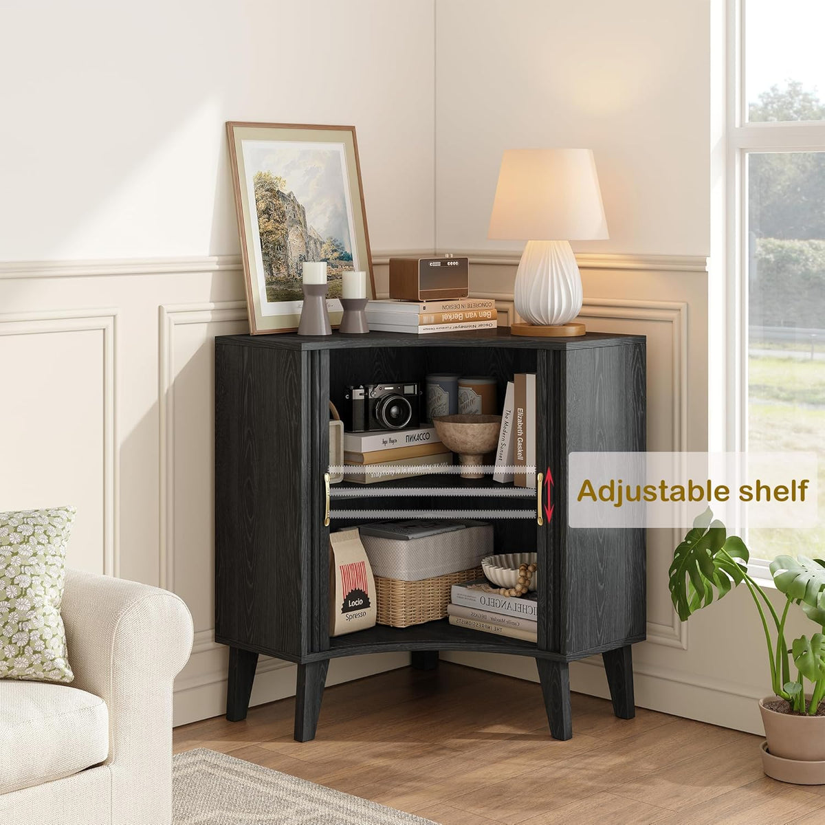 Fluted Corner Cabinet, Small Corner Floor Cabinet with 2-Sliding Doors and Adjustable Shelves, Freestanding Narrow Organizer for Small Space,Living Room, Dining RoomBathroom.Black