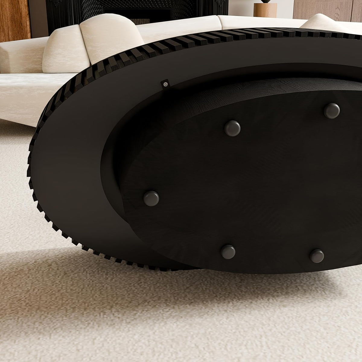 47 Inch Oval Coffee Table, Fluted Coffee Table with Storage, Wooden Center Tables for Living Room, Black