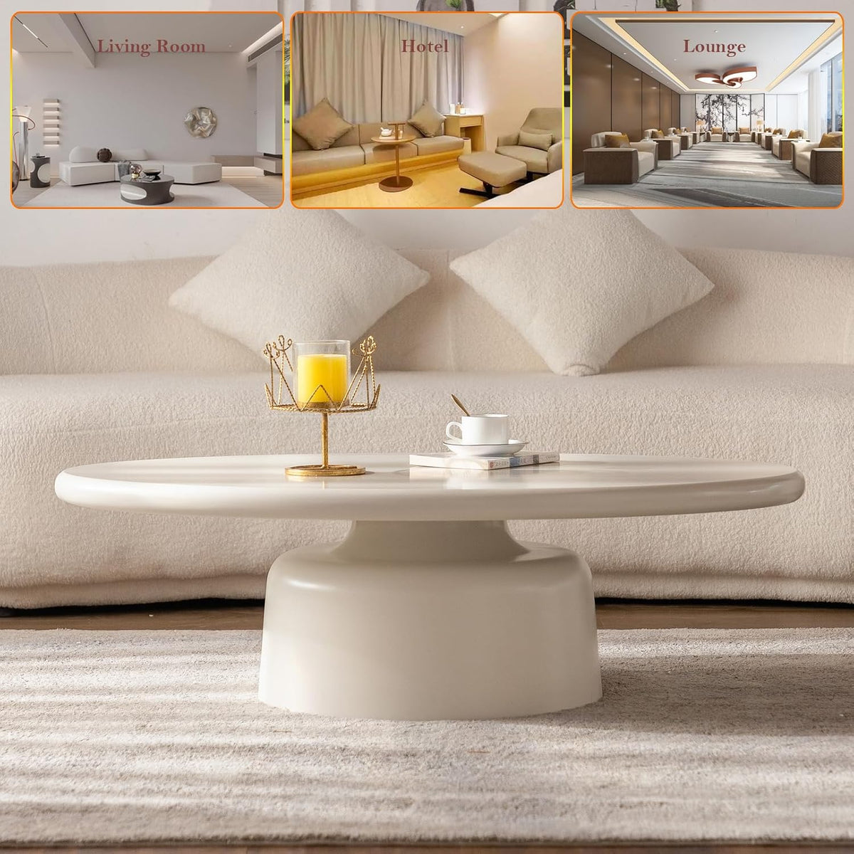 45.67' Cream Style Coffee Table with Stable Fiberglass Table Legs, Oval E1 Density Board Tabletop - Smooth Fininsh, for Small Space (Oval 45.67in)
